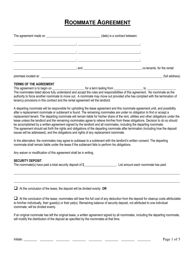 Free Connecticut Roommate (Room Rental) Agreement Form Word 