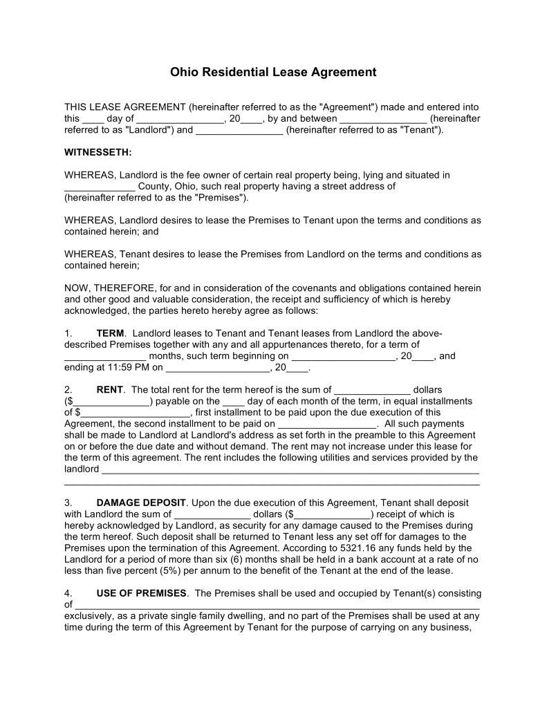 Free Ohio Standard Residential Lease Agreement Template PDF 