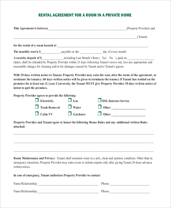 rental agreement for a room in a private home template sample 
