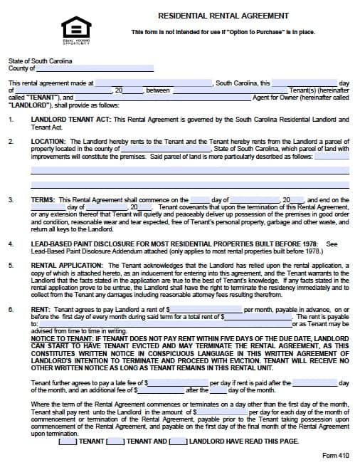 Free South Carolina Residential Lease Agreement Form – PDF Template