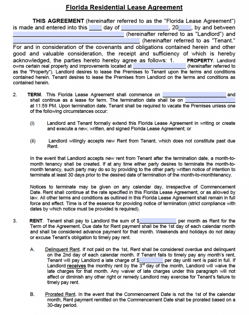Free Florida Residential Lease Agreement Template – PDF – Word