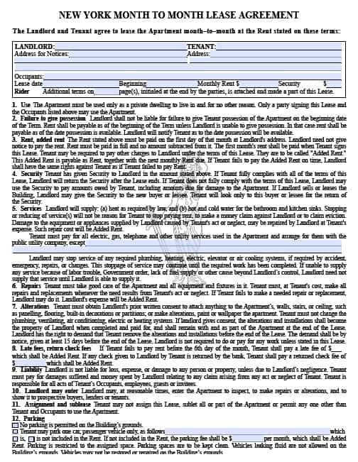 Free New York Month to Month Rental Agreement – PDF Template