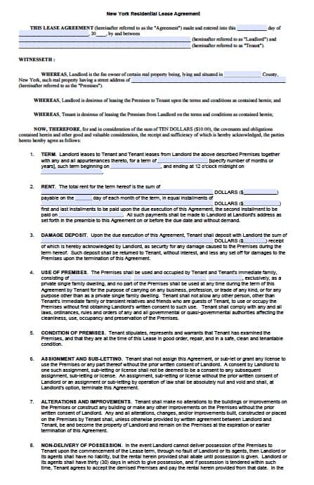 Free New York Standard Residential Lease Agreement Templates – PDF