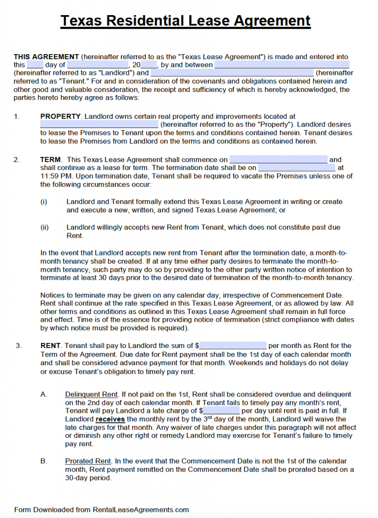 Free Texas Standard Residential Lease Agreement Template – PDF – Word