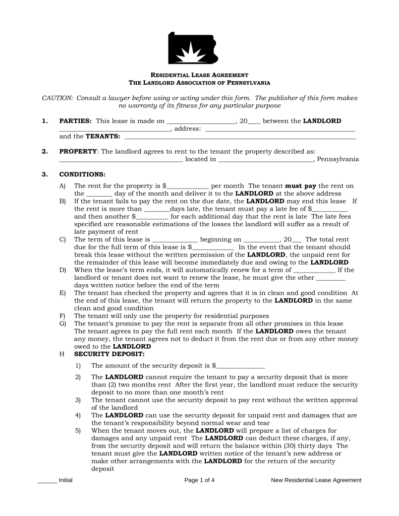 Free Pennsylvania Standard Residential Lease Agreement Form PDF 