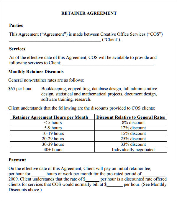 retainer fee agreement template retainer agreement 9 download free 