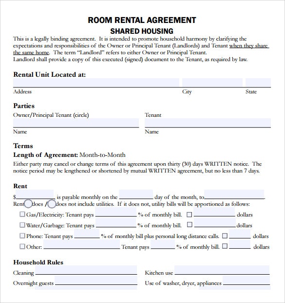 Room rental agreement Tenancy Agreement For Rooms in Shared House