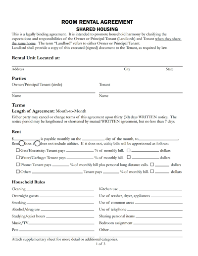 room rental agreement shared housing Forms and Templates 