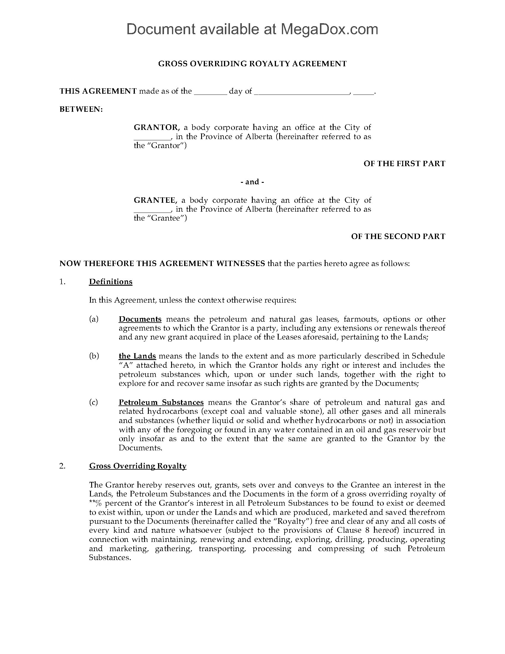 Alberta Gross Overriding Royalty Agreement | Legal Forms and 