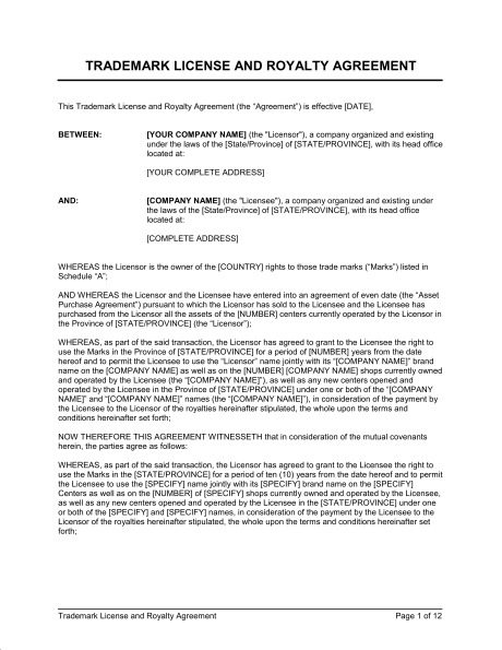 royalty agreement template trademark license and royalty agreement 