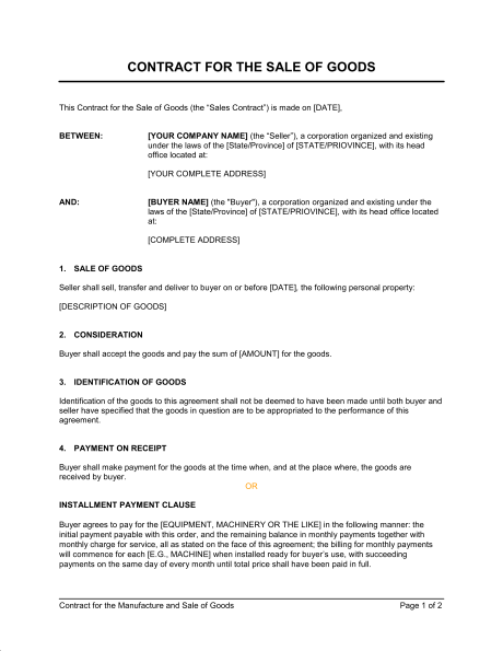 instalment sale agreement template contract for the sale of goods 