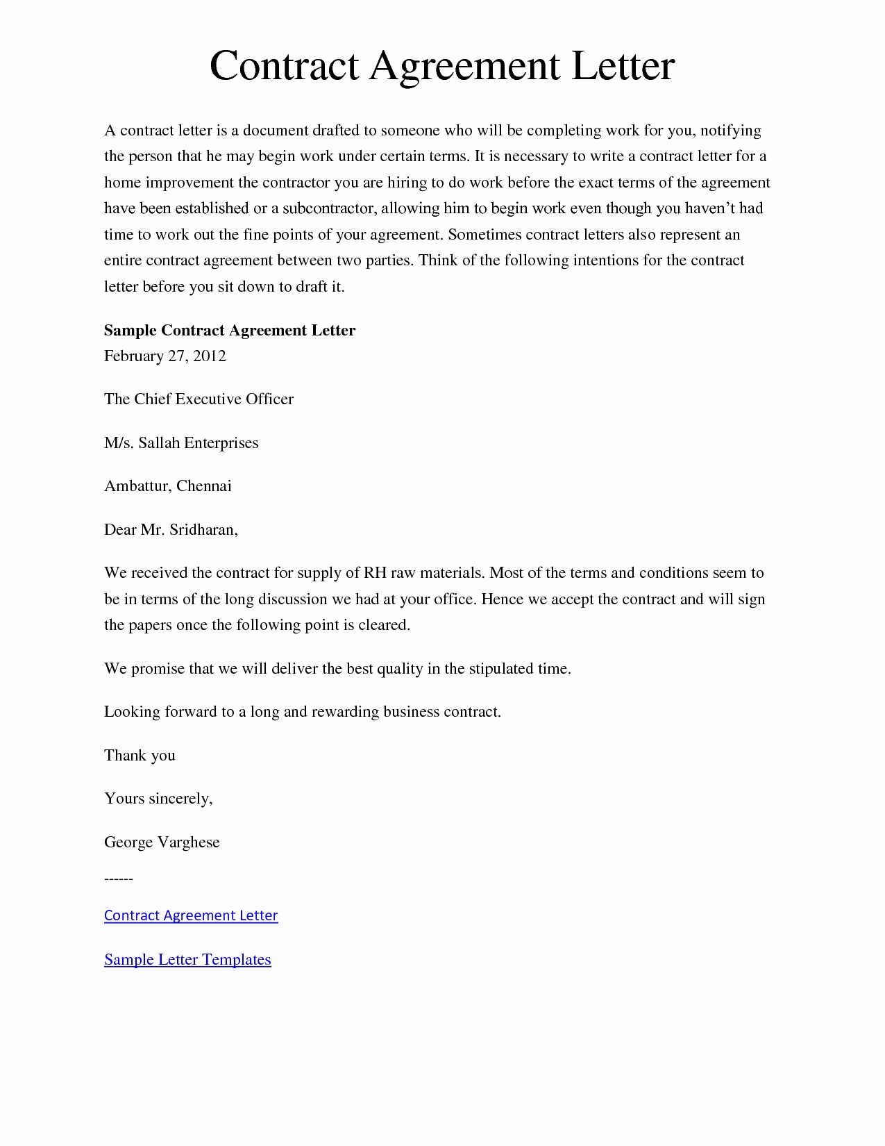 agreement letter samples free – cool green jobs