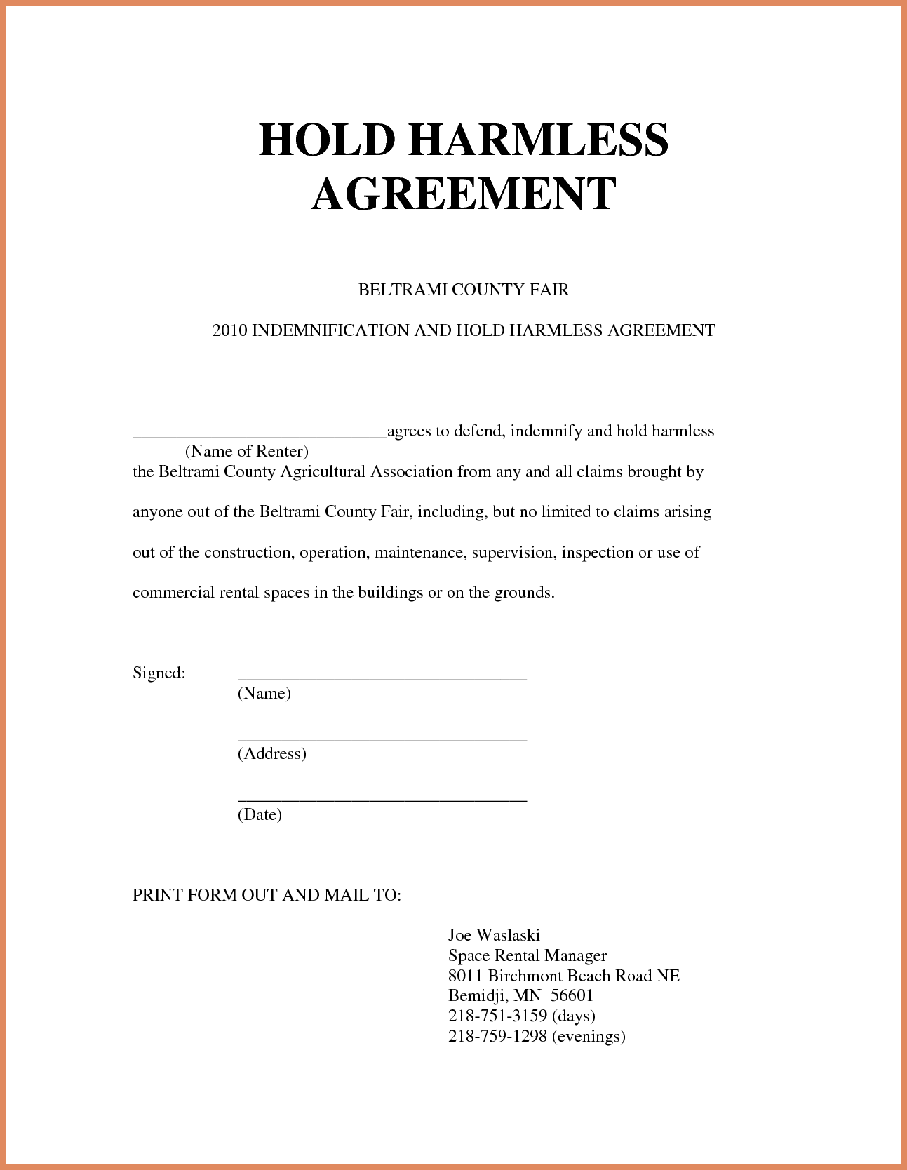 Hold Harmless Agreement Template Sample Za5dxgpt Representation 