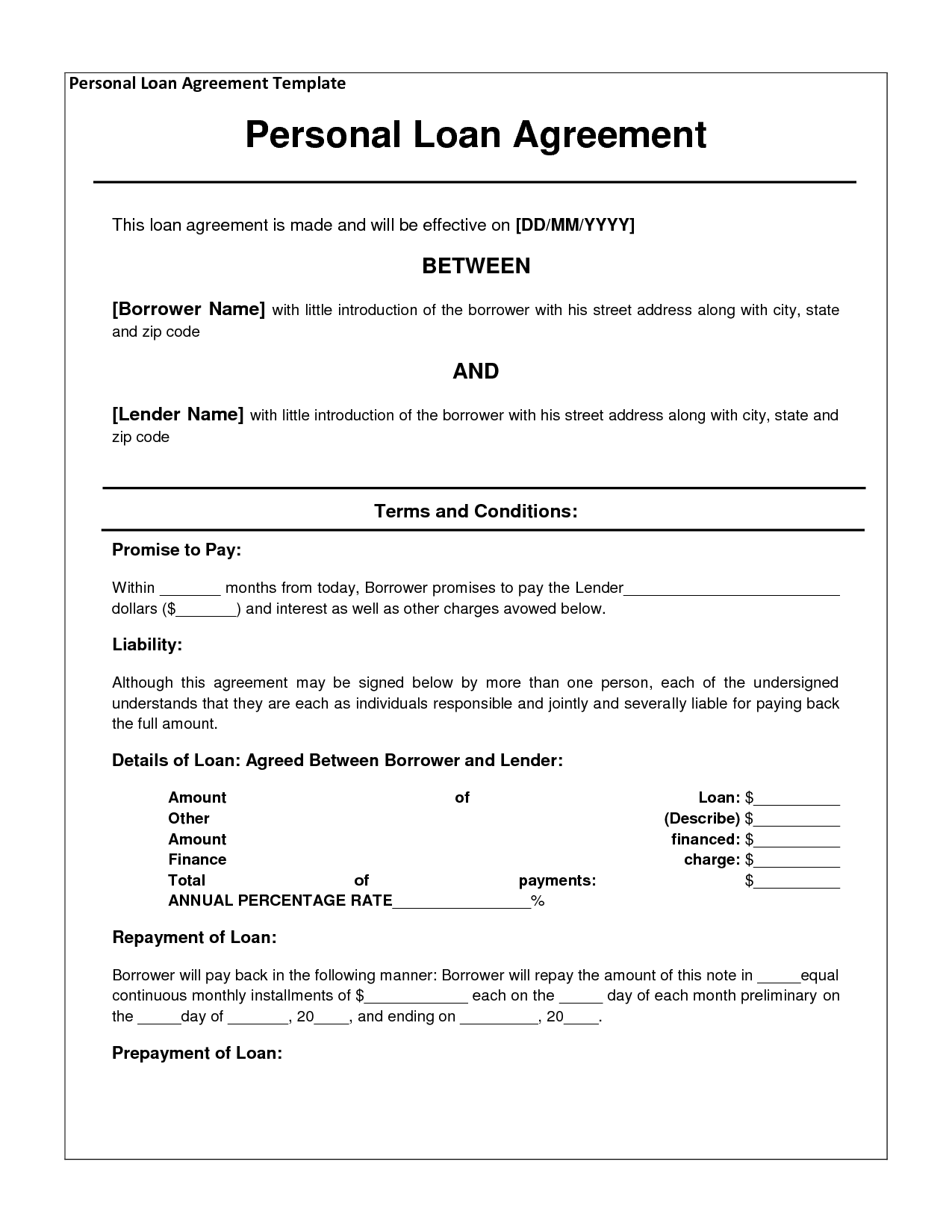 Printable Sample Personal Loan Agreement Form | Basic Template for 