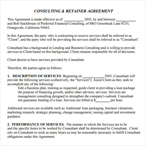 consulting retainer agreement template retainer agreement 9 