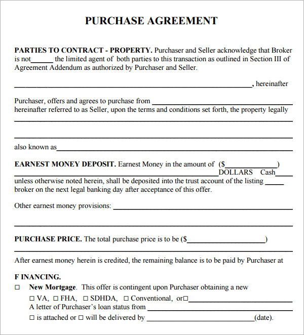 Purchase Agreement Free Document Sample For Buying Or Selling 