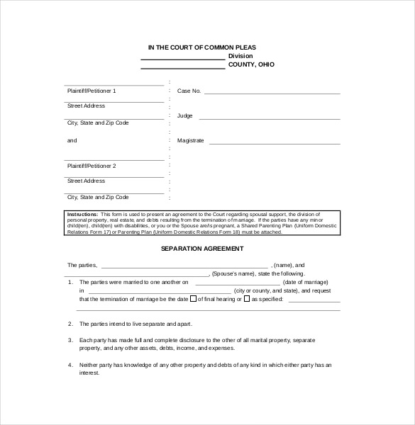 separation agreement template free separation agreement template 