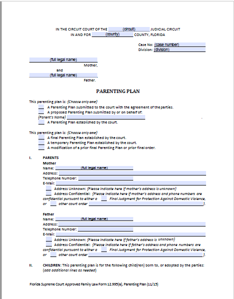 Florida Shared Parenting Plan Forms & Instructions