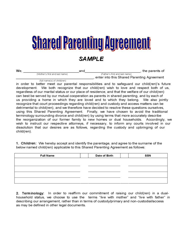 Shared Parenting Agreement Free Download