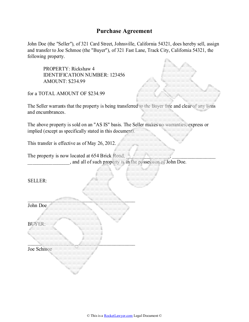Purchase Agreement Template Free Purchase Agreement simple 