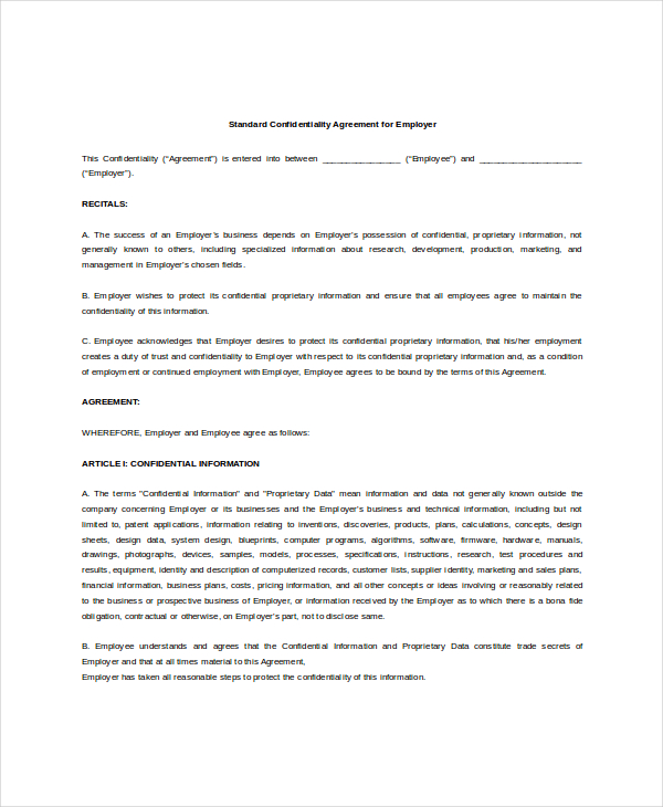Standard Confidentiality Agreement – 6+ Free Word, PDF Documents 