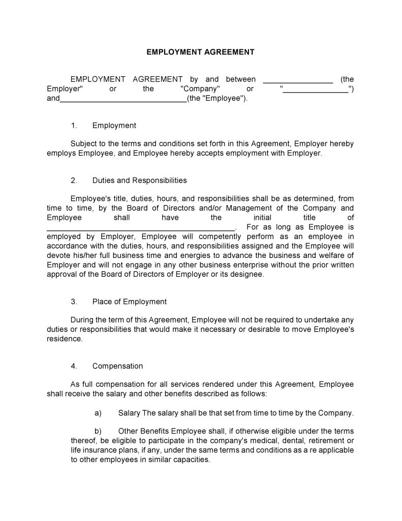 Free Printable Standard Employment Agreement Printable Agreements