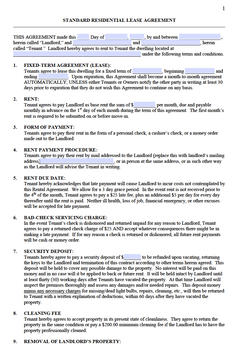Free Standard Residential Lease Agreement Templates | PDF | Word