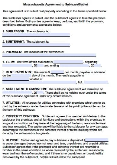 Free Massachusetts Sublease Agreement Form – PDF Template