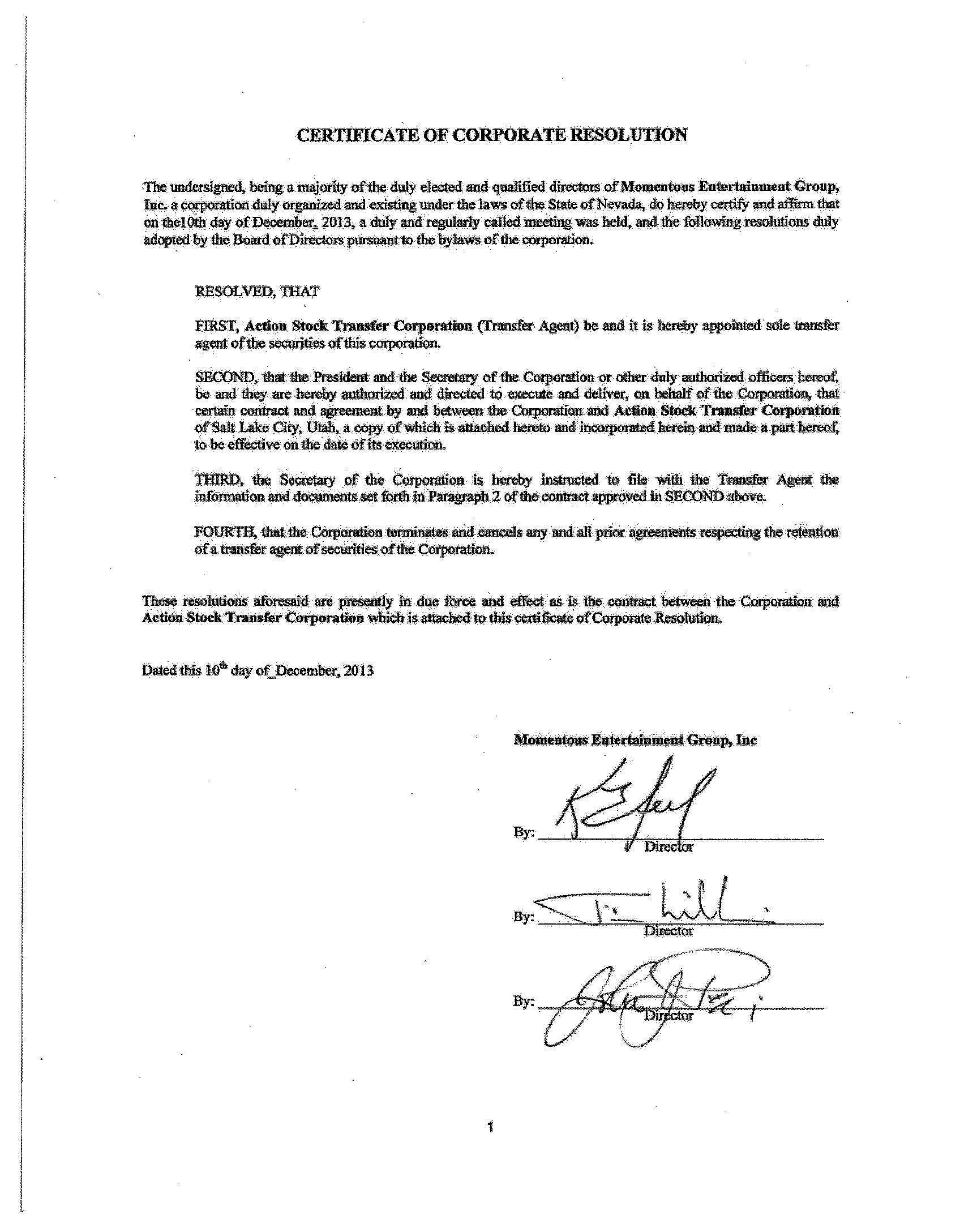 Exhibit 99.2 Agreement with Action Stock Transfer