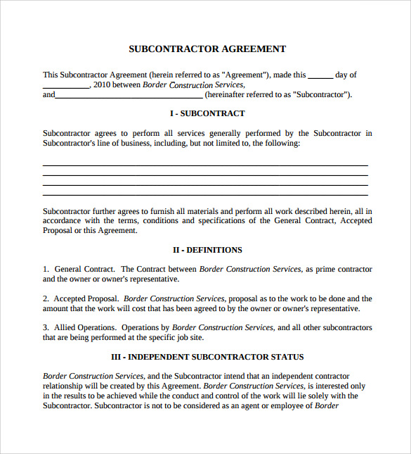 operation agreement template for limited lizb subcontractor 