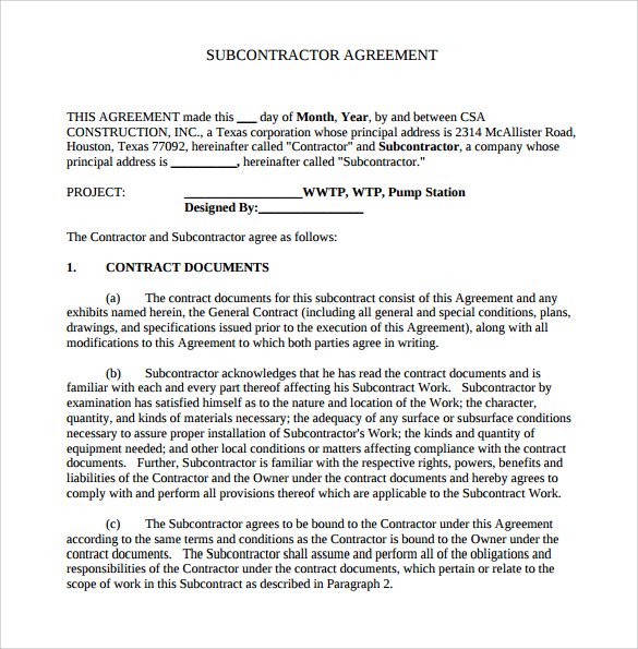 subcontractor agreement construction template sample subcontractor 