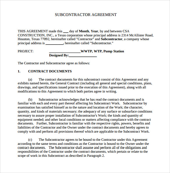 subcontractor agreement template construction construction 