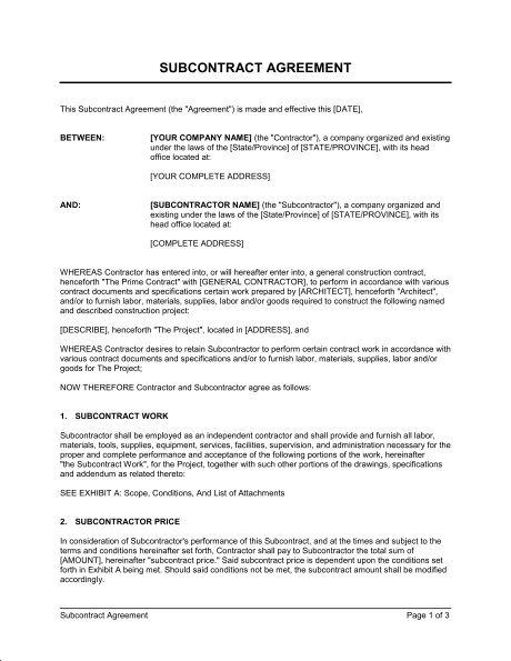 subcontractor agreement template construction free subcontractor 