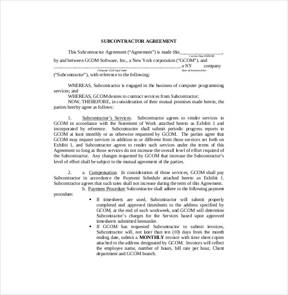 Subcontract Agreement Form 14 Subcontractor Agreement Templates 