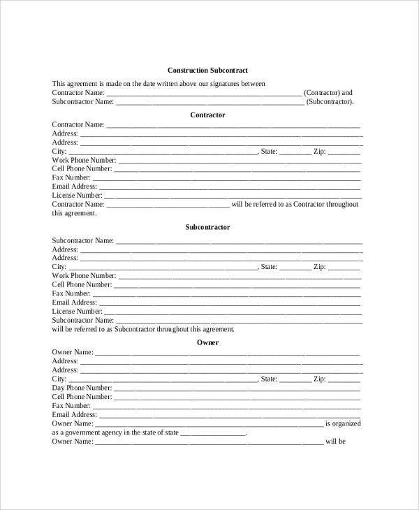 government subcontractor agreement template sample construction 
