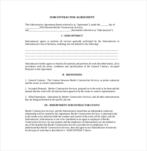 Subcontractor Agreement template – 16+ Free Word, PDF Document 