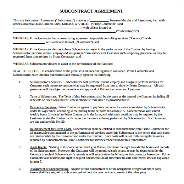 15+ Sample Subcontractor Agreements | Sample Templates