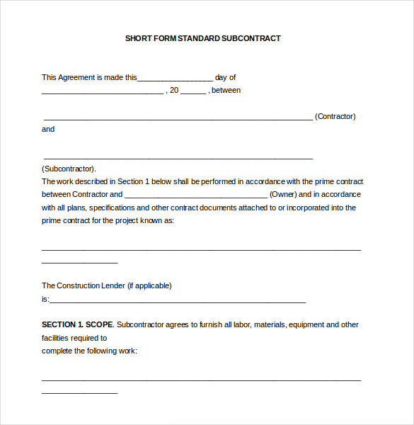 Simple Subcontractor Agreement Template Schreibercrimewatch.org
