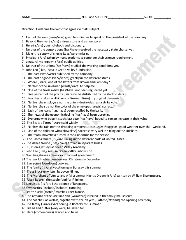 Subject Verb Agreement Worksheets With Answers The best worksheets 