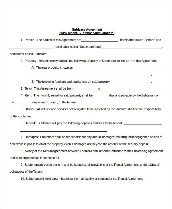 Sublease Agreement Template 10+ Free Word, PDF Documents 