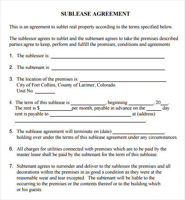 sublet agreement template sublease contract template 