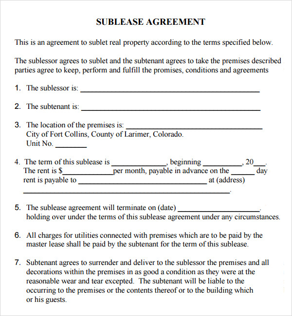 subtenant agreement template sublet lease agreement template 