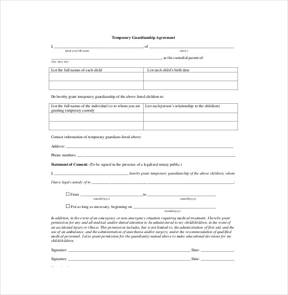 The temporary guardianship form is a free, printable table that 