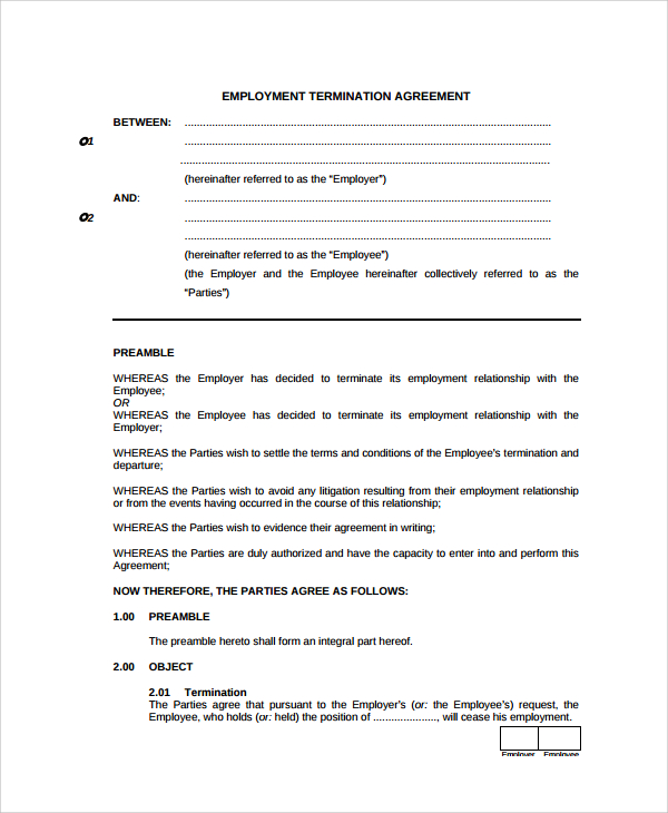 termination agreement template termination of employment agreement 