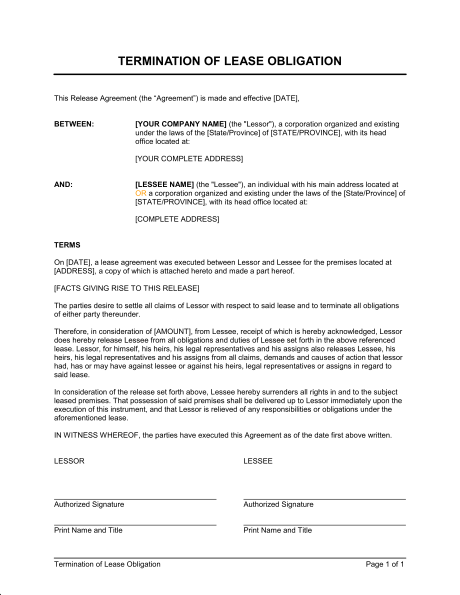 termination agreement template termination of lease obligation 