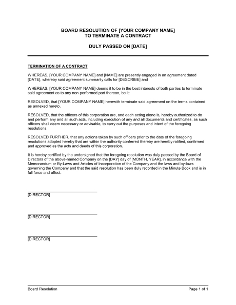 Board Resolution to Terminate a Contract Template & Sample Form 