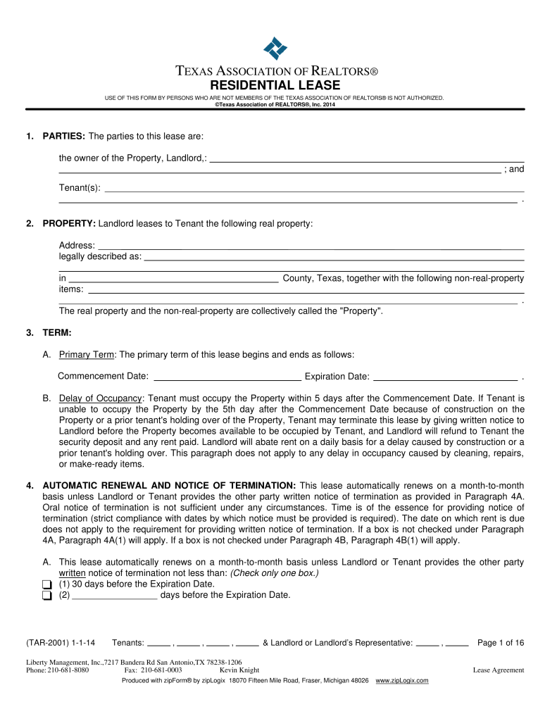Free Texas Association of Realtors Lease Agreement Template PDF 