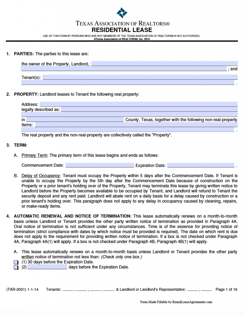 Free Texas Standard Residential Lease Agreement Template – PDF – Word