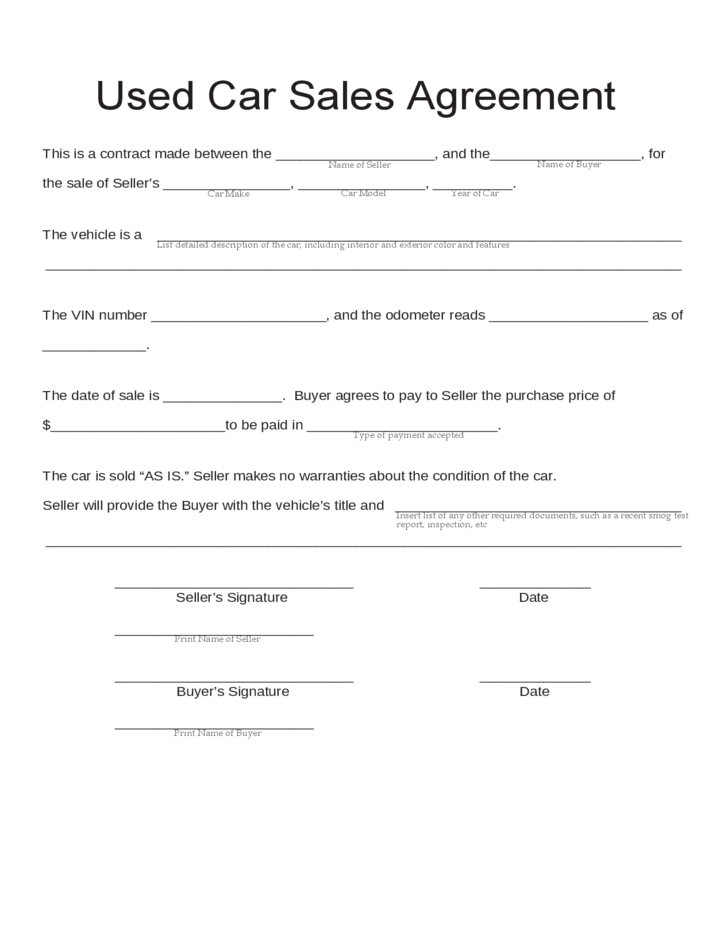 car sales agreement template template for car sale agreement used 