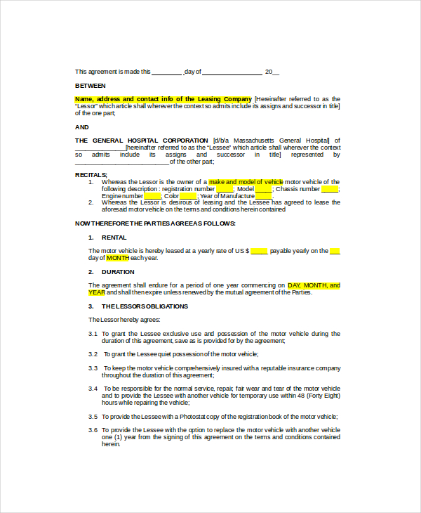vehicle lease agreement template vehicle lease template 5 free 